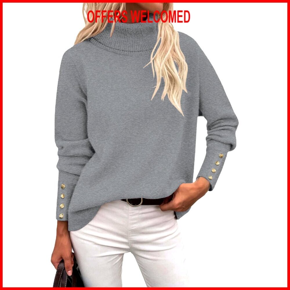 Turtleneck Knit Pullover with Metal Buttons, High Low Hem, Long Sleeve